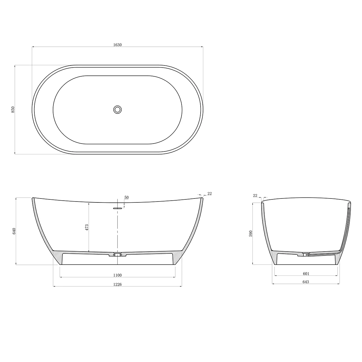 Ванна из искусственного камня Azario JENNER 1630x850x640 свободностоящая белая матовая, с белым матовым донным клапаном (JEN16385S) — фото №5