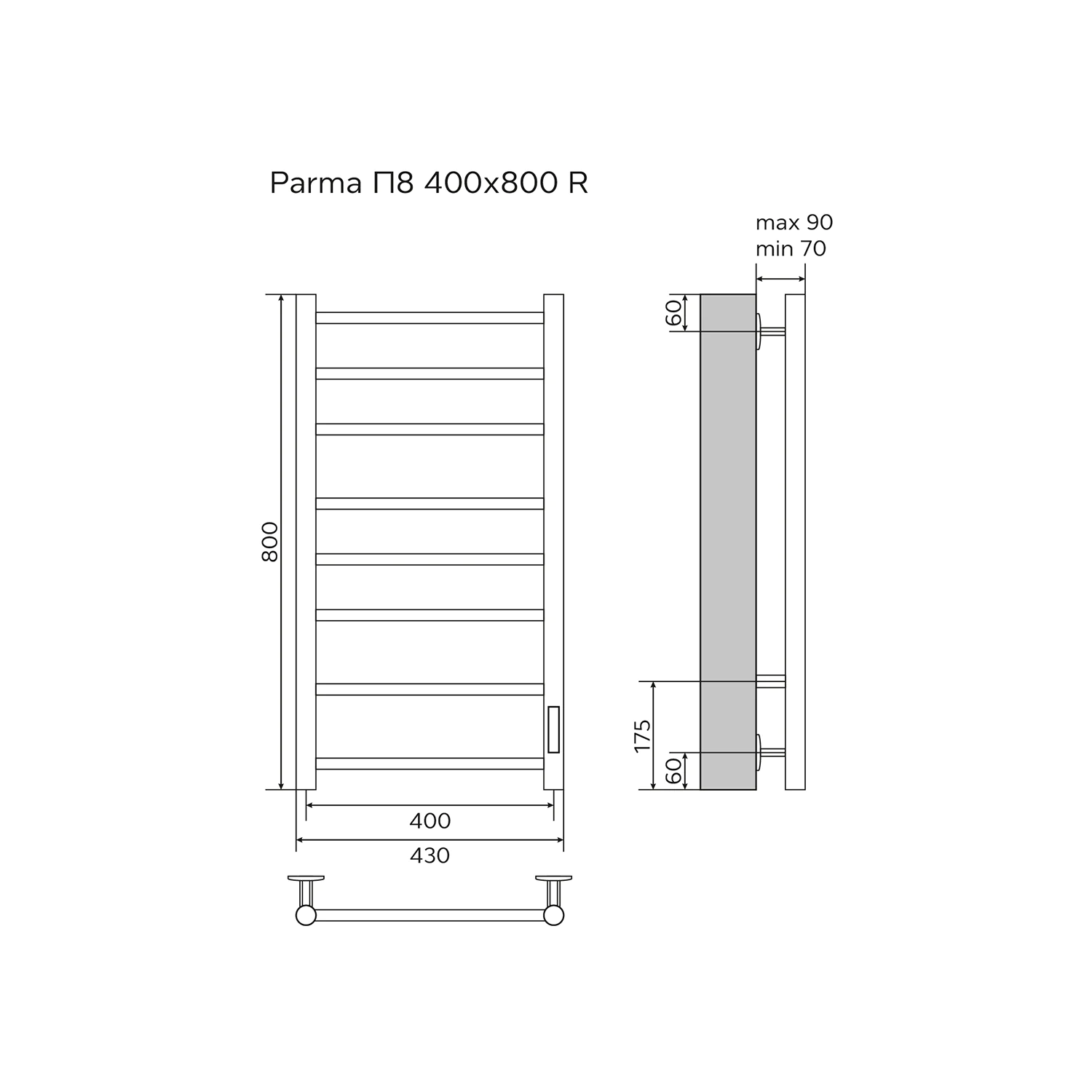 Полотенцесушитель электрический AZARIO PARMA 400/800 8 секций, тен справа, белый (AZ10848W) — фото №5