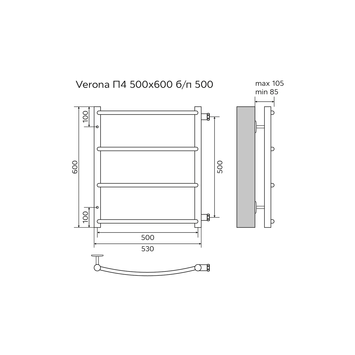 Полотенцесушитель водяной AZARIO VERONA 500/600 4 секции, боковое подключение, 1″, хром (AZ04556) — фото №5