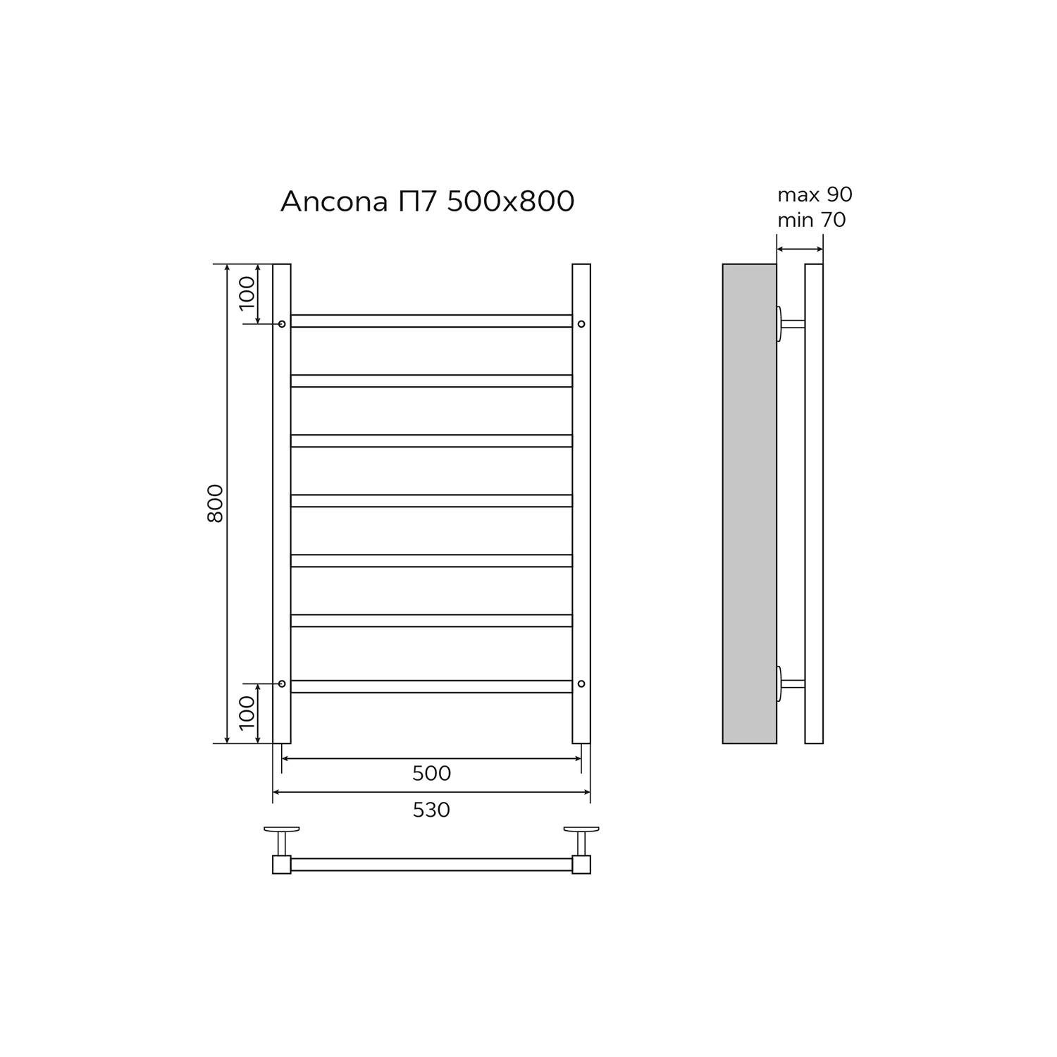 Полотенцесушитель водяной AZARIO ANCONA 500/800 квадрат, 7 секций, нижнее/диагональное подключение, 1/2″, хром (AZ75558) — фото №5