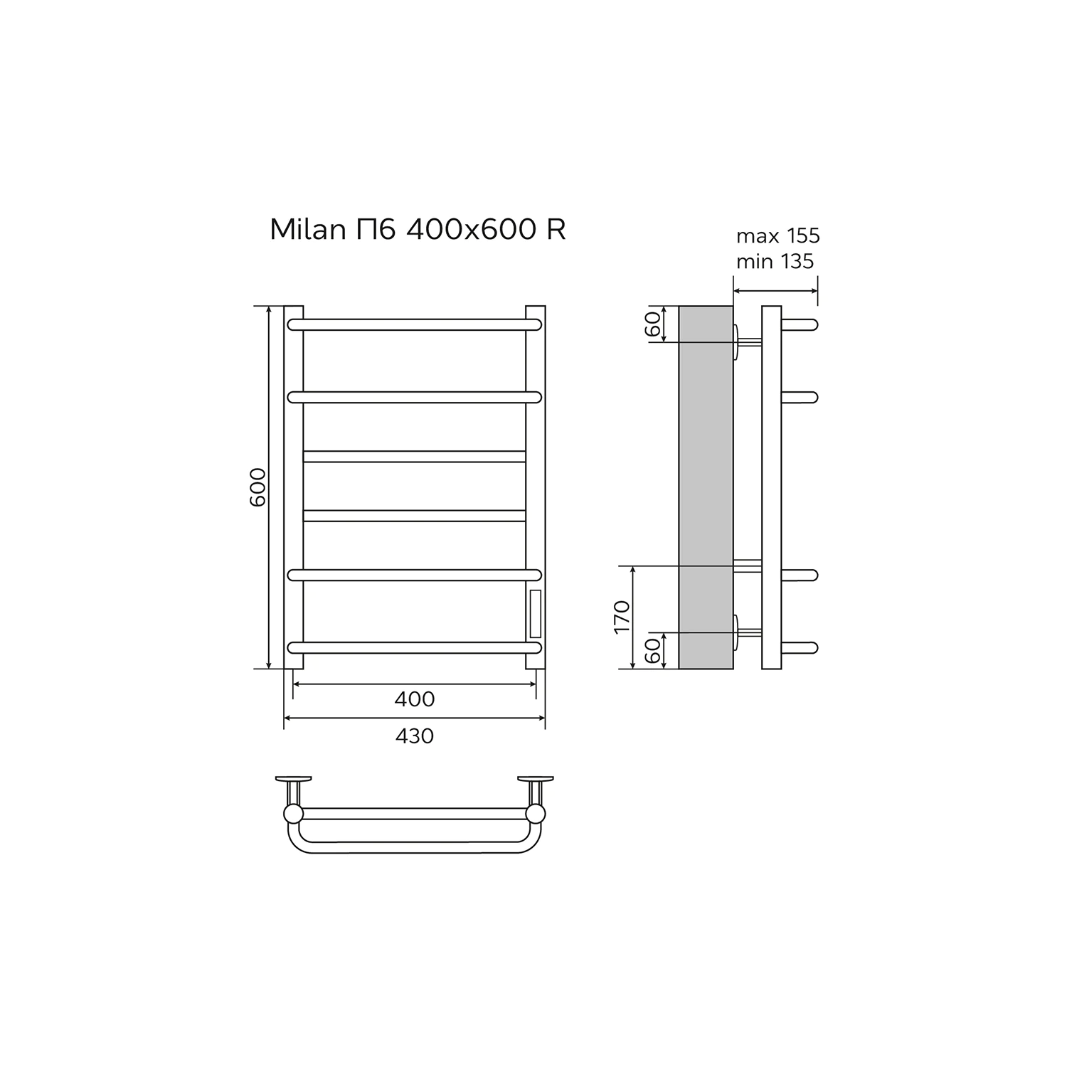 Полотенцесушитель электрический AZARIO MILAN 400/600 6 секций, тен справа, белый (AZ90846W) — фото №5