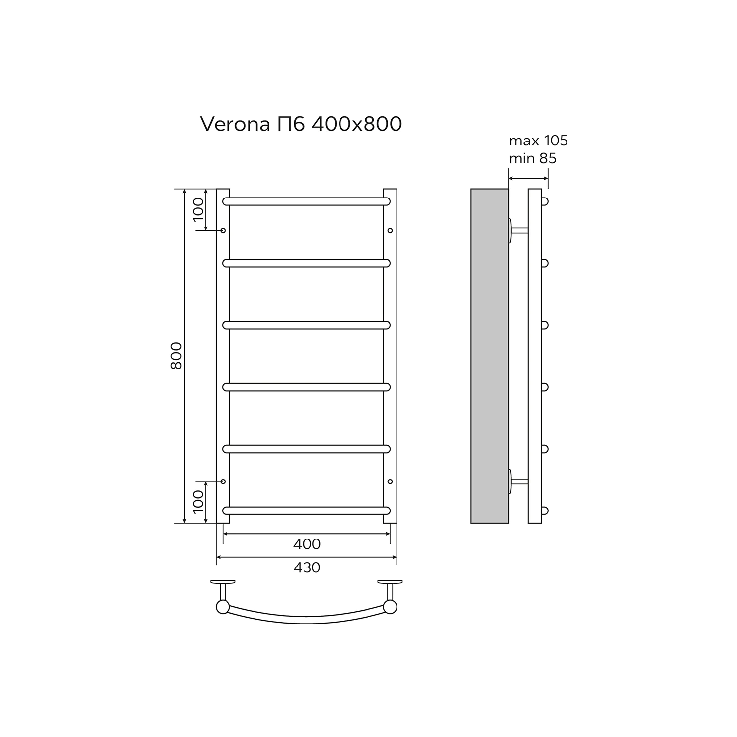 Полотенцесушитель водяной AZARIO VERONA 400/800 6 секций, нижнее/диагональное подключение, 1/2″, хром (AZ04148) — фото №5