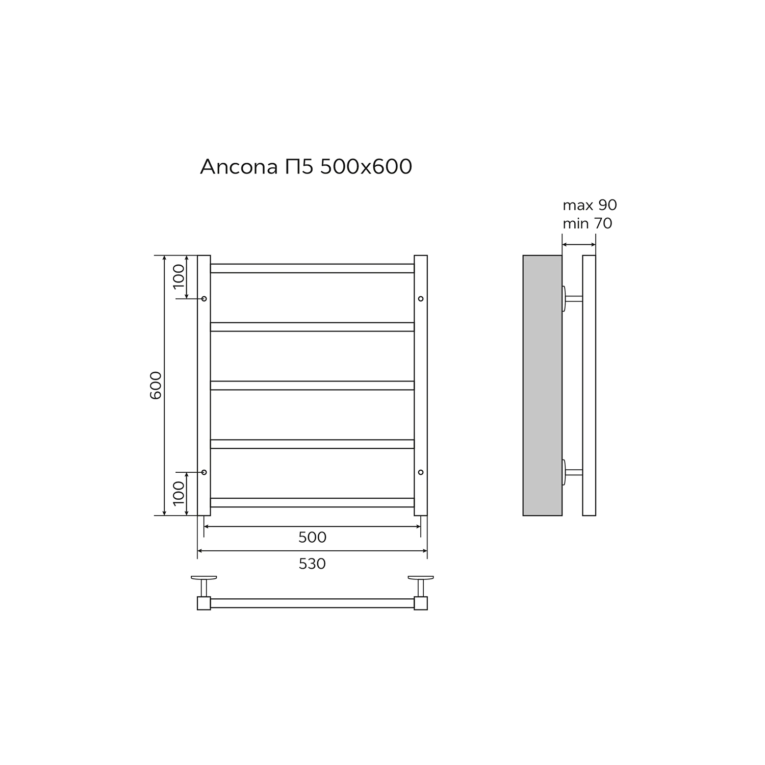 Полотенцесушитель водяной AZARIO ANCONA 500/600 квадрат, 5 секций, нижнее/диагональное подключение, 1/2″, хром (AZ75556) — фото №5