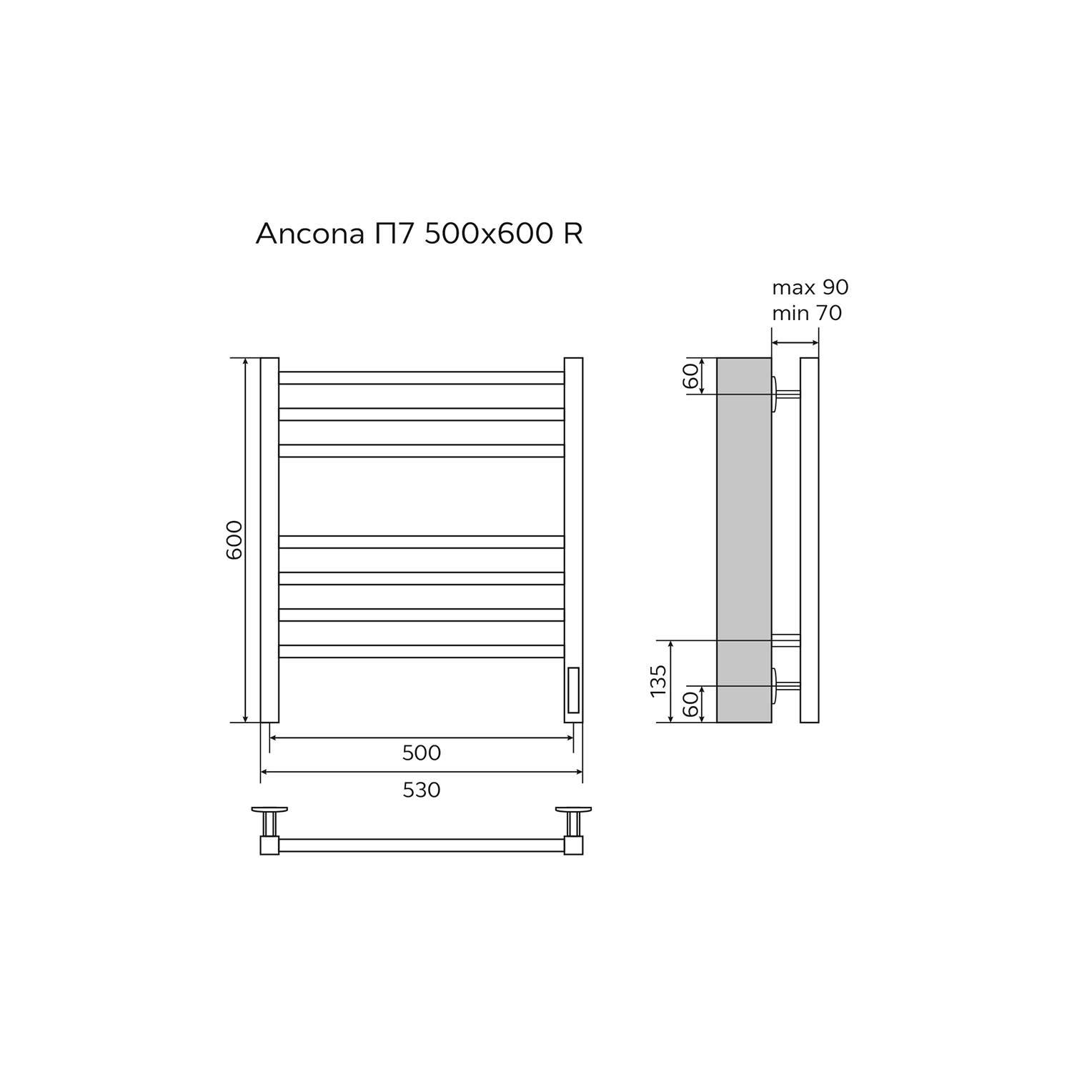 Полотенцесушитель электрический AZARIO ANCONA 500/600 квадрат, 7 секций, тен справа, черный (AZ71856B) — фото №5