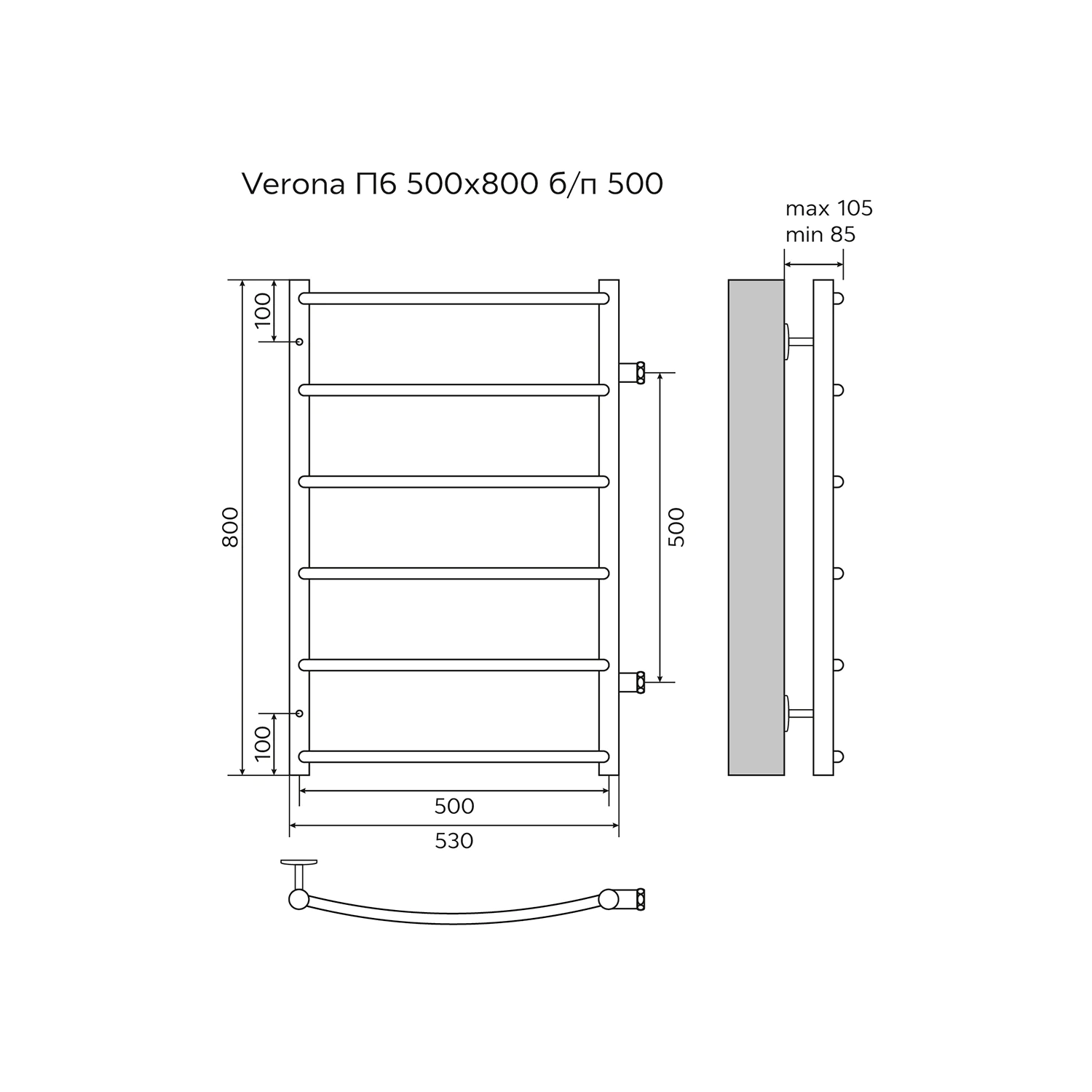 Полотенцесушитель водяной AZARIO VERONA 500/800 6 секций, боковое подключение, 1″, хром (AZ04558) — фото №5