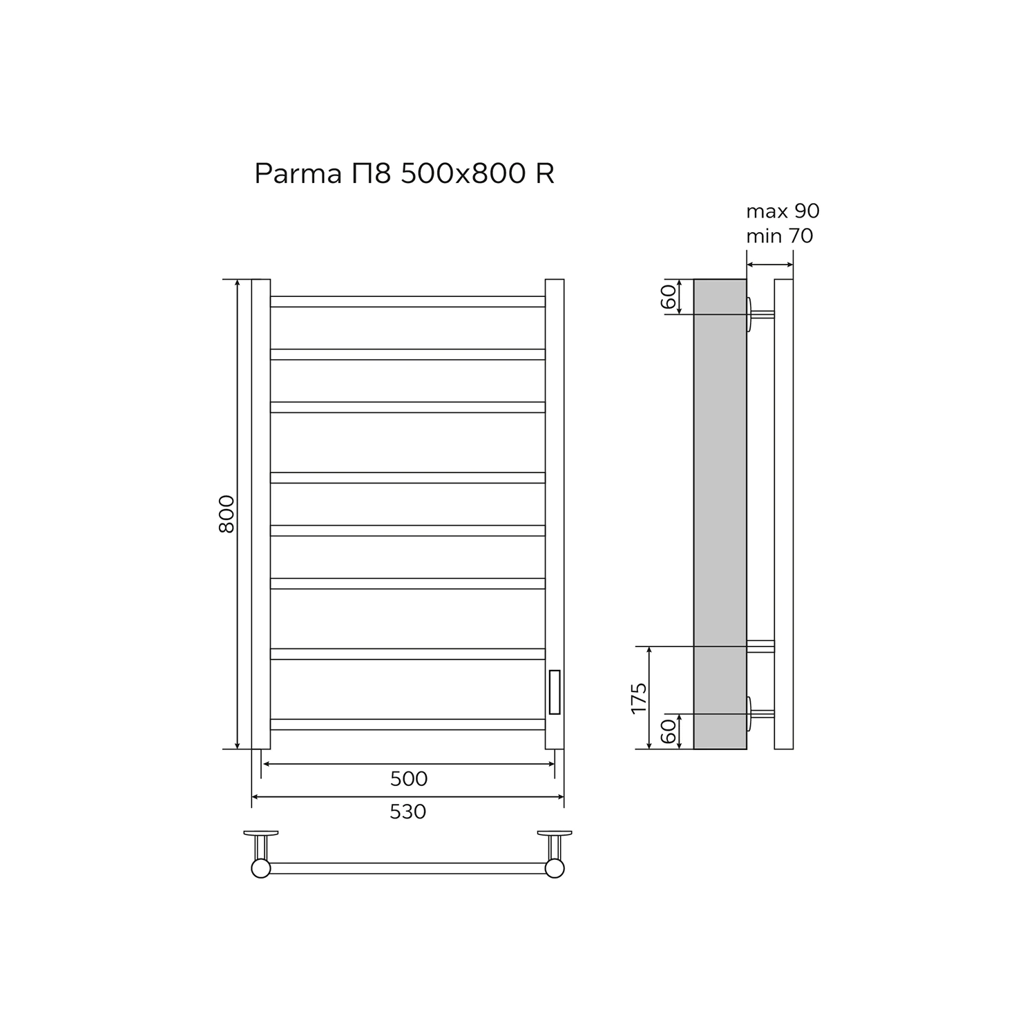 Полотенцесушитель электрический AZARIO PARMA 500/800 8 секций, тен справа, белый (AZ10858W) — фото №5