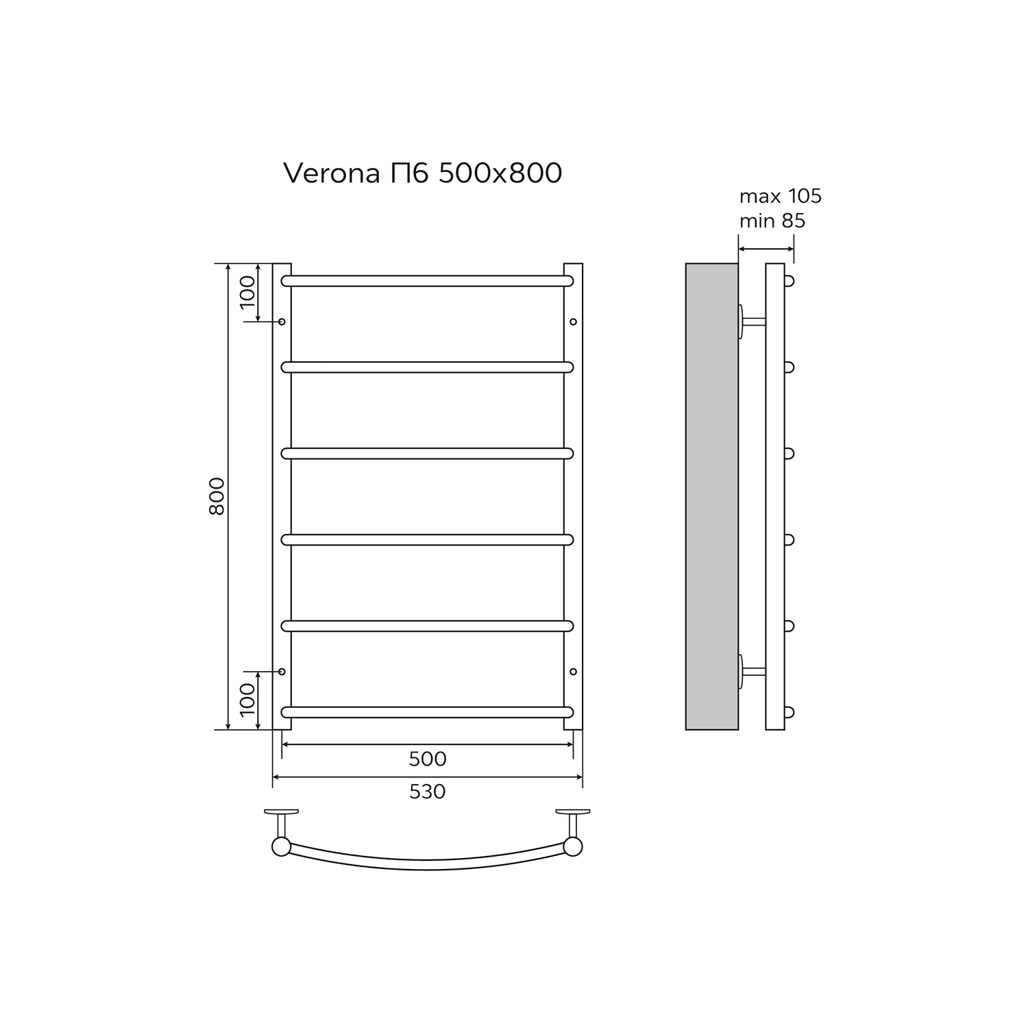 Полотенцесушитель водяной AZARIO VERONA 500/800 6 секций, нижнее/диагональное подключение, 1/2″, хром (AZ04158) — фото №5