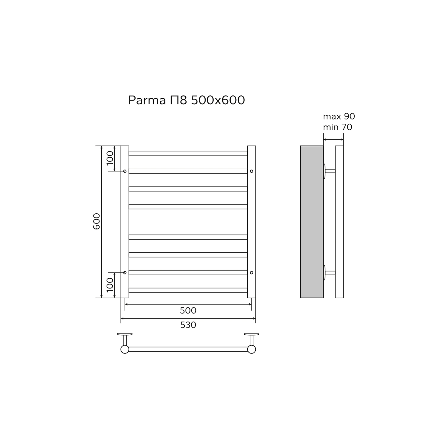 Полотенцесушитель водяной AZARIO PARMA 500/600 8 секций, нижнее/диагональное подключение, 1/2″, хром (AZ10156S) — фото №5