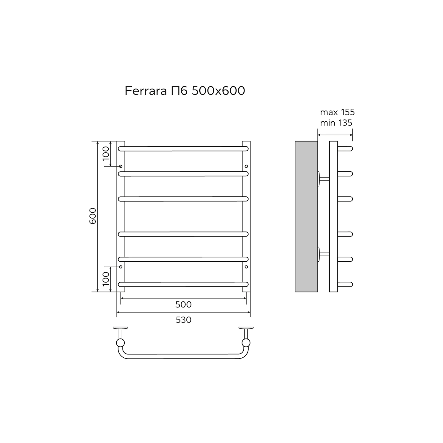 Полотенцесушитель водяной AZARIO FERRARA 500/600 6 секций, нижнее/диагональное подключение, 1/2″, хром (AZ09156) — фото №5