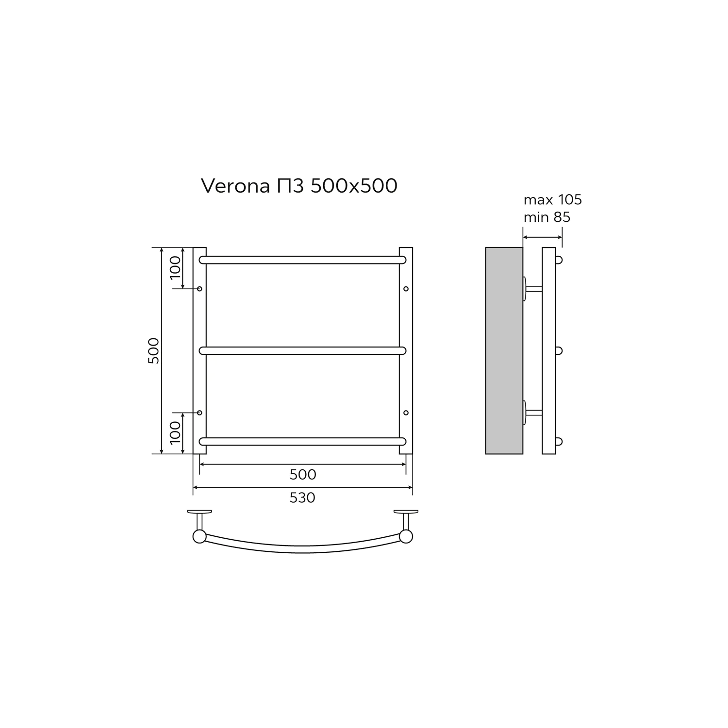 Полотенцесушитель водяной AZARIO VERONA 500/500 3 секции, нижнее/диагональное подключение, 1/2″, хром (AZ04155) — фото №5