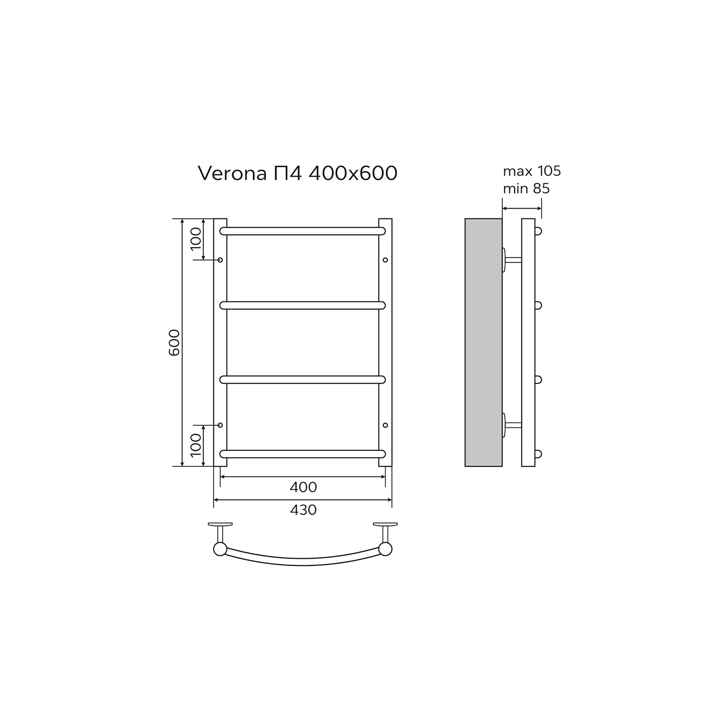 Полотенцесушитель водяной AZARIO VERONA 400/600 4 секции, нижнее/диагональное подключение, 1/2″, хром (AZ04146) — фото №5