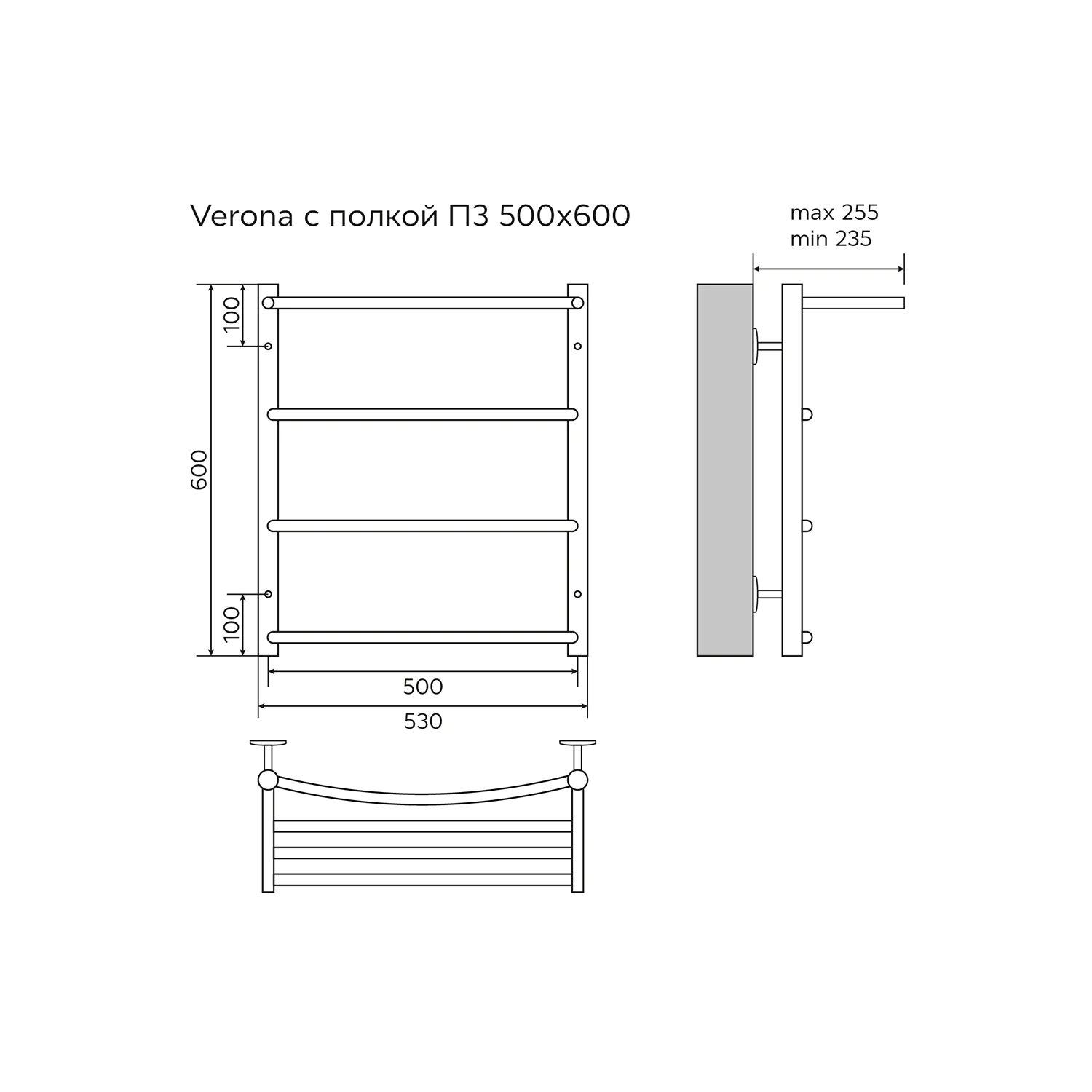 Полотенцесушитель водяной AZARIO VERONA 500/600 с полкой, 3 секции, нижнее/диагональное подключение, 1/2″, хром (AZ04156P) — фото №5