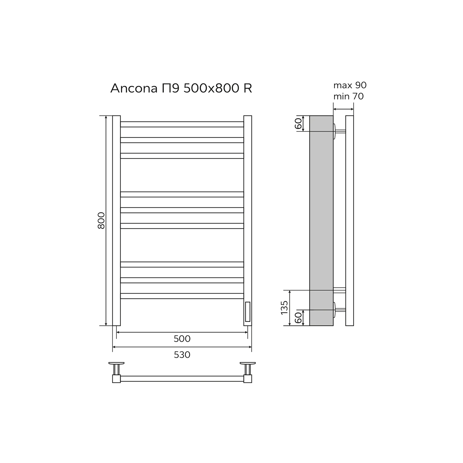 Полотенцесушитель электрический AZARIO ANCONA 500/800 квадрат, 9 секций, диммер справа, черный (AZ71858B) — фото №5