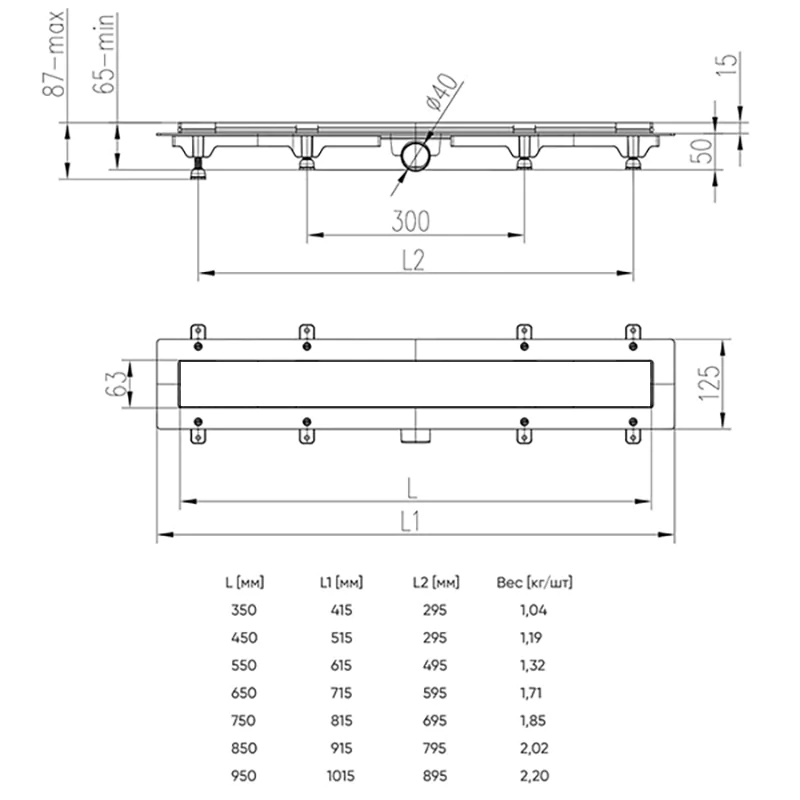 Душевой лоток AZARIO D40 Klasik 950 мм, боковой слив, пластиковый, с черной решеткой (AZ-CH 950 KC) — фото №4