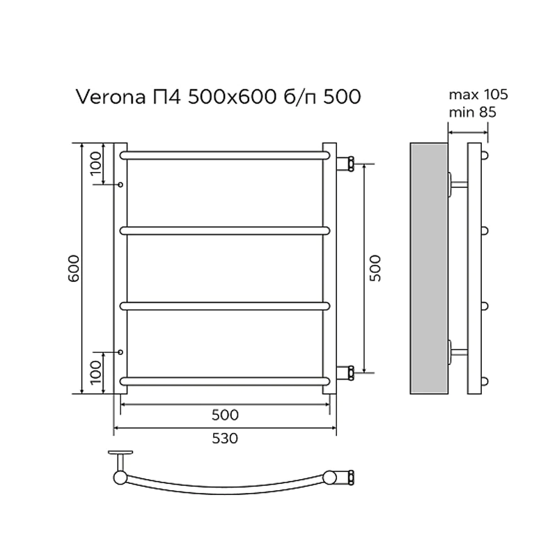 Полотенцесушитель водяной AZARIO VERONA 500/600 4 секции, нижнее/диагональное подключение, 1/2″, белый (AZ83911W) — фото №5