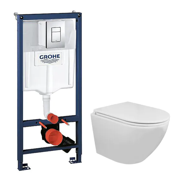 Сет 3 в 1 инсталляция Grohe Rapid SL с клавишей смыва + подвесной унитаз Azario Grado c быстросъемным сиденьем микролифт (38772001+AZ-0046N)