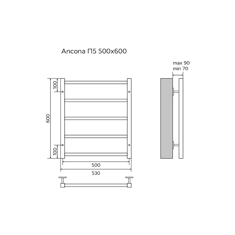 Полотенцесушитель водяной AZARIO ANCONA 500/600 квадрат, 5 секций, нижнее/диагональное подключение, 1/2″, графит (AZ83878G) — фото №2