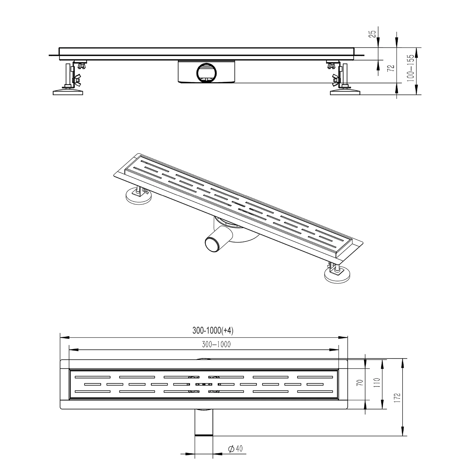 Душевой лоток AZARIO 700 мм, D40(50), 360°, металлическая перфорированная решетка, металлический желоб, комбинированный затвор, черный матовый (AZT3BLACK700) — фото №8