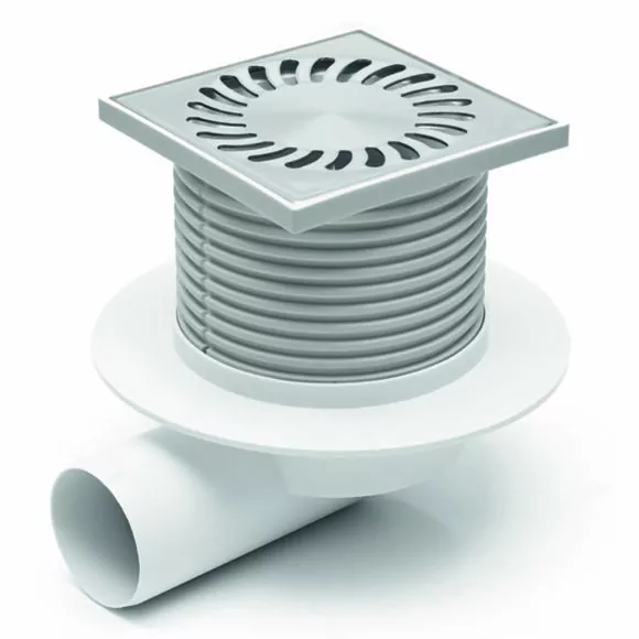 Душевой трап AZARIO DN50 12,2х12,2см, пластиковый, горизонтальный слив, универсальный, решетка из нержавеющей стали (AZ-425 X L)