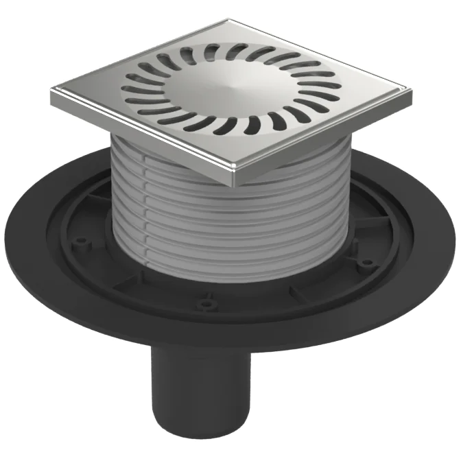 Душевой трап AZARIO DN50 12,2х12,2см, пластиковый, вертикальный слив, универсальный, решетка из нержавеющей стали (AZ-384 A) — фото №1