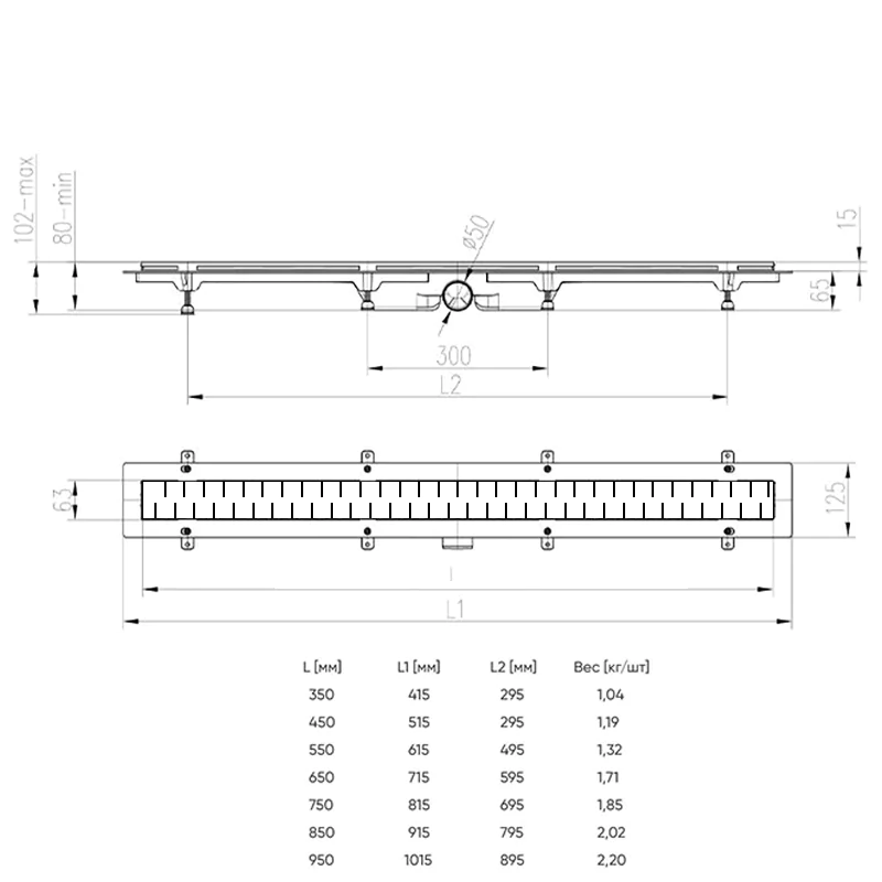 Душевой лоток AZARIO D50 Medium 1050 мм, боковой слив, пластиковый, перфорированная решетка, черный (AZ-CH 1050/50 MC) — фото №7