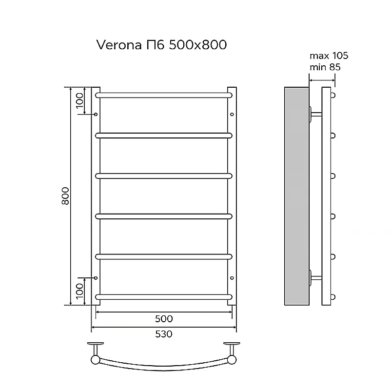 Полотенцесушитель водяной AZARIO VERONA 500/800 6 секций, нижнее/диагональное подключение, 1/2″, черный (AZ83874B) — фото №5