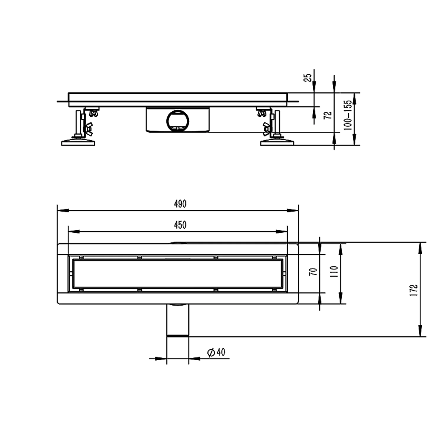 Душевой лоток AZARIO 450 мм, D40(50), металлическая перфорированная решетка, металлический желоб, комбинированный затвор (AZT2PT20450) — фото №5