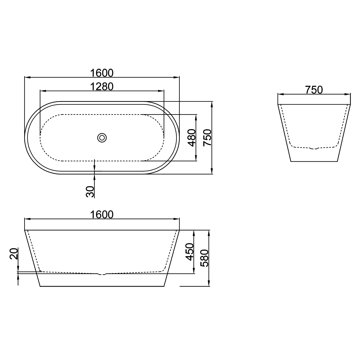 Ванна акриловая Azario RICH 1600x750x580 отдельностоящая, в комплекте с сифоном и металлической рамой, цвет белый (AZ-6605-16075) — фото №6
