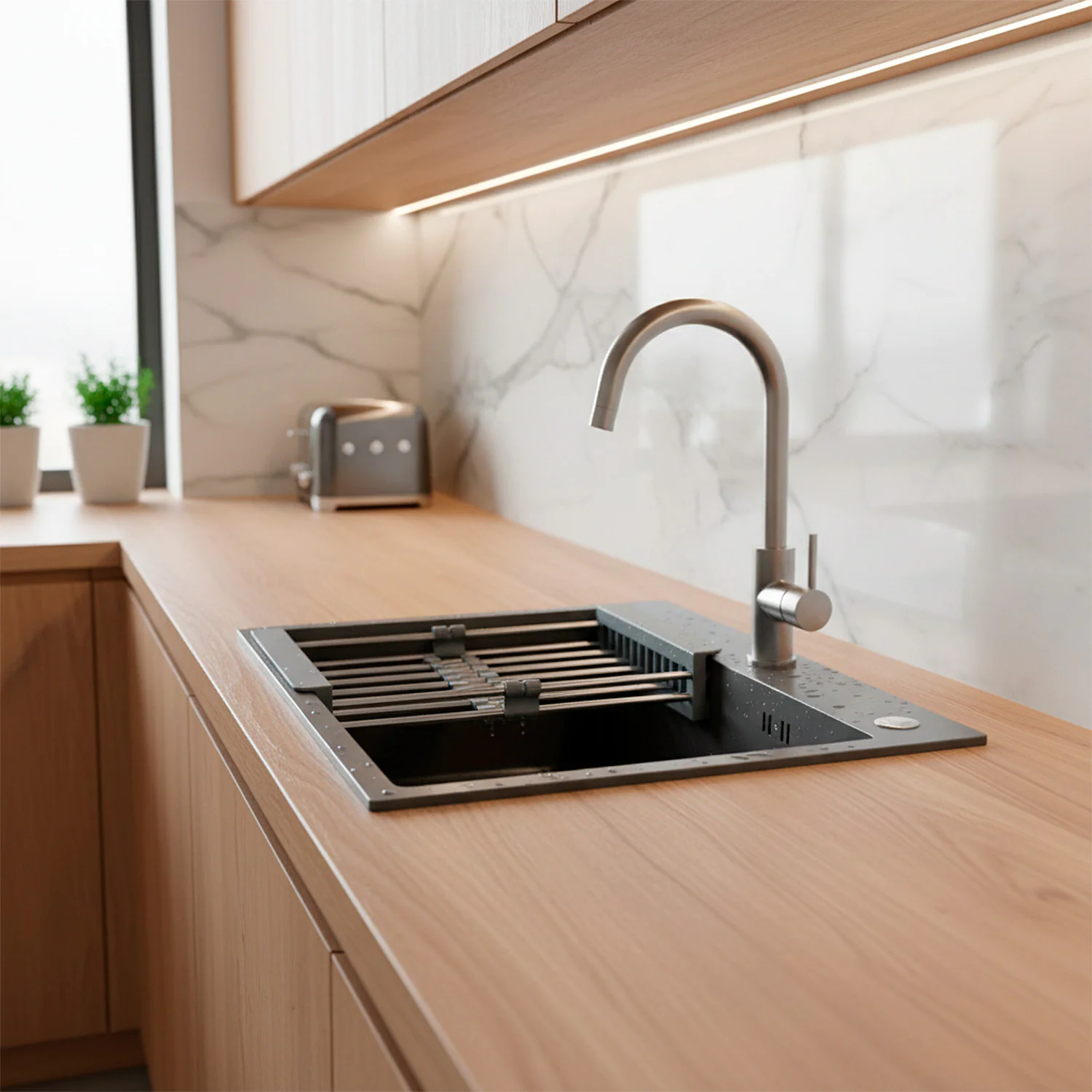 Кухонная мойка AZARIO NICOLE 500х500х220 нержавеющая сталь, в комплекте сифон, диспенсер, коландер, серая соты (AZG5050H) — фото №10