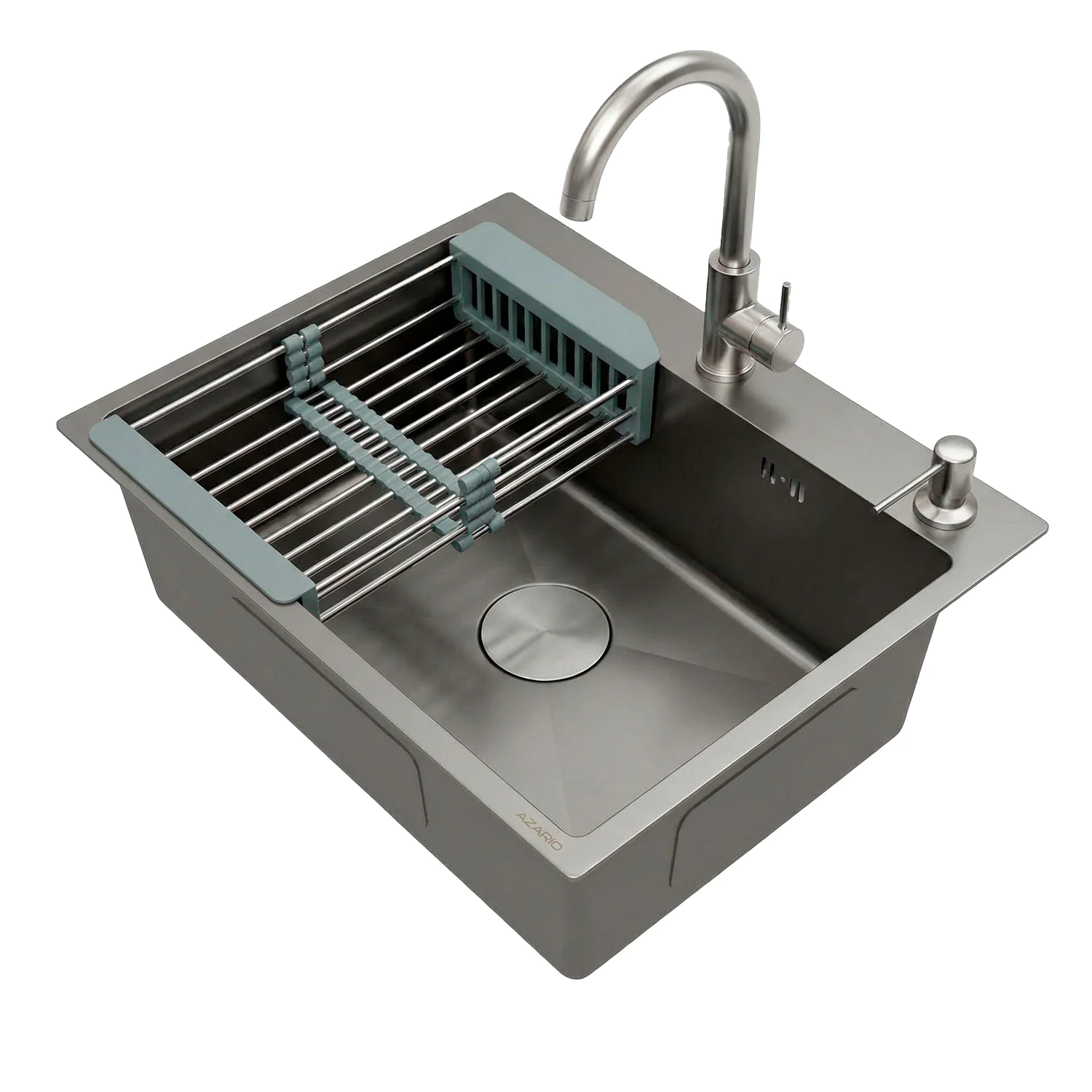 Кухонная мойка AZARIO NICOLE 500х500х220 нержавеющая сталь, в комплекте сифон, диспенсер, коландер, серая соты (AZG5050H) — фото №1