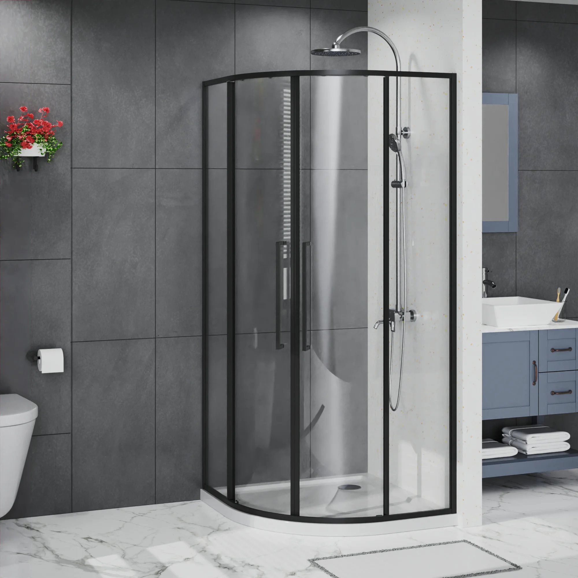 Душевое ограждение Azario SHANGHAI 900х900х1950 четверть круга, прозрачное стекло 6 мм, профиль черный матовый (AZ-S43-90-MB-CL) — фото №2