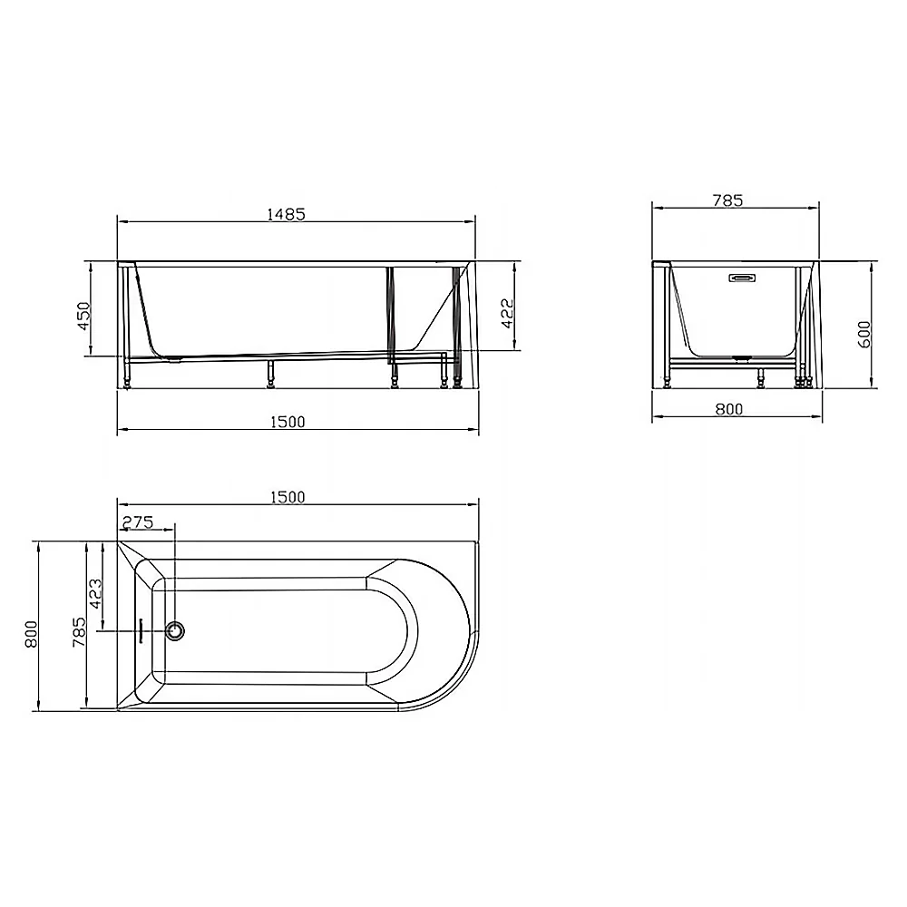 Ванна акриловая Azario Sheer A 1500x800x600 пристенная, правосторонняя, в комплекте с сифоном и металлической рамой (AZ-1859-B-1.5) — фото №3