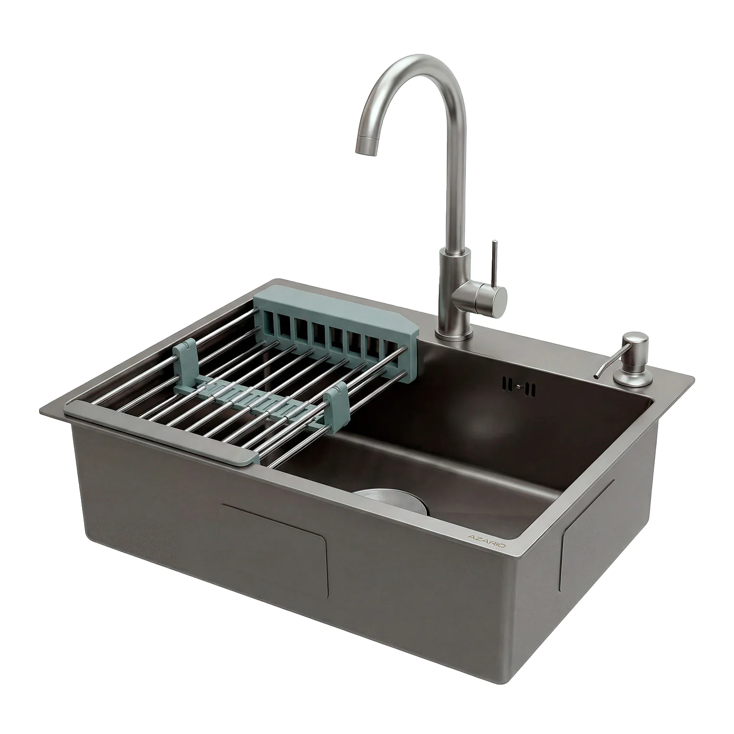 Кухонная мойка AZARIO NICOLE 500х500х220 нержавеющая сталь, в комплекте сифон, диспенсер, коландер, серая соты (AZG5050H) — фото №4