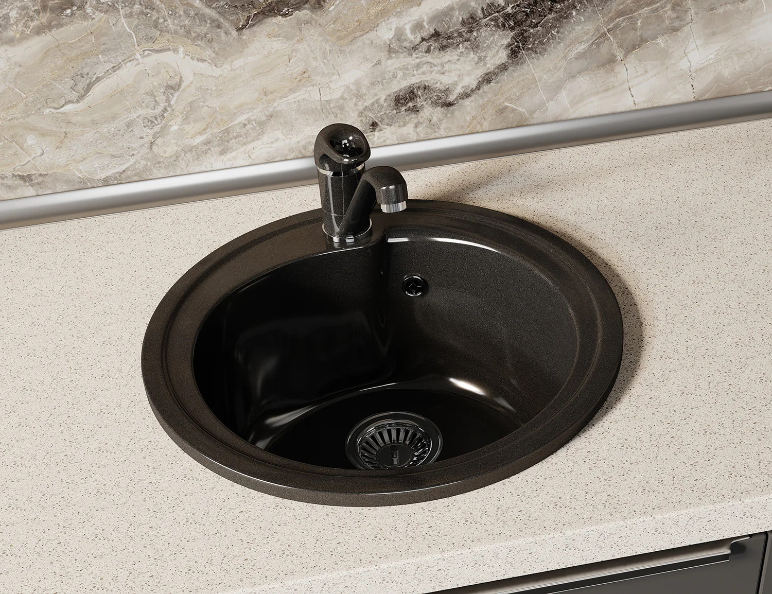Кухонная мойка AZARIO Solo 505x505x190 искусственный мрамор, сифон в комплекте, цвет черный (CS00105237) — фото №3
