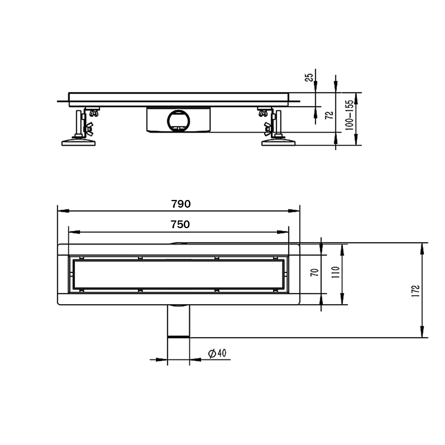 Душевой лоток AZARIO 750 мм, D40(50), металлическая перфорированная решетка, металлический желоб, комбинированный затвор (AZT2PT20750) — фото №5