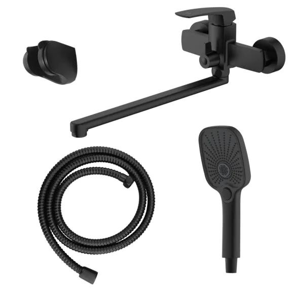 Смеситель для ванны Azario Conda керамический картридж, длинный излив, с ручным душем, шланг 150 см, черный матовый (AZ-K1711B)