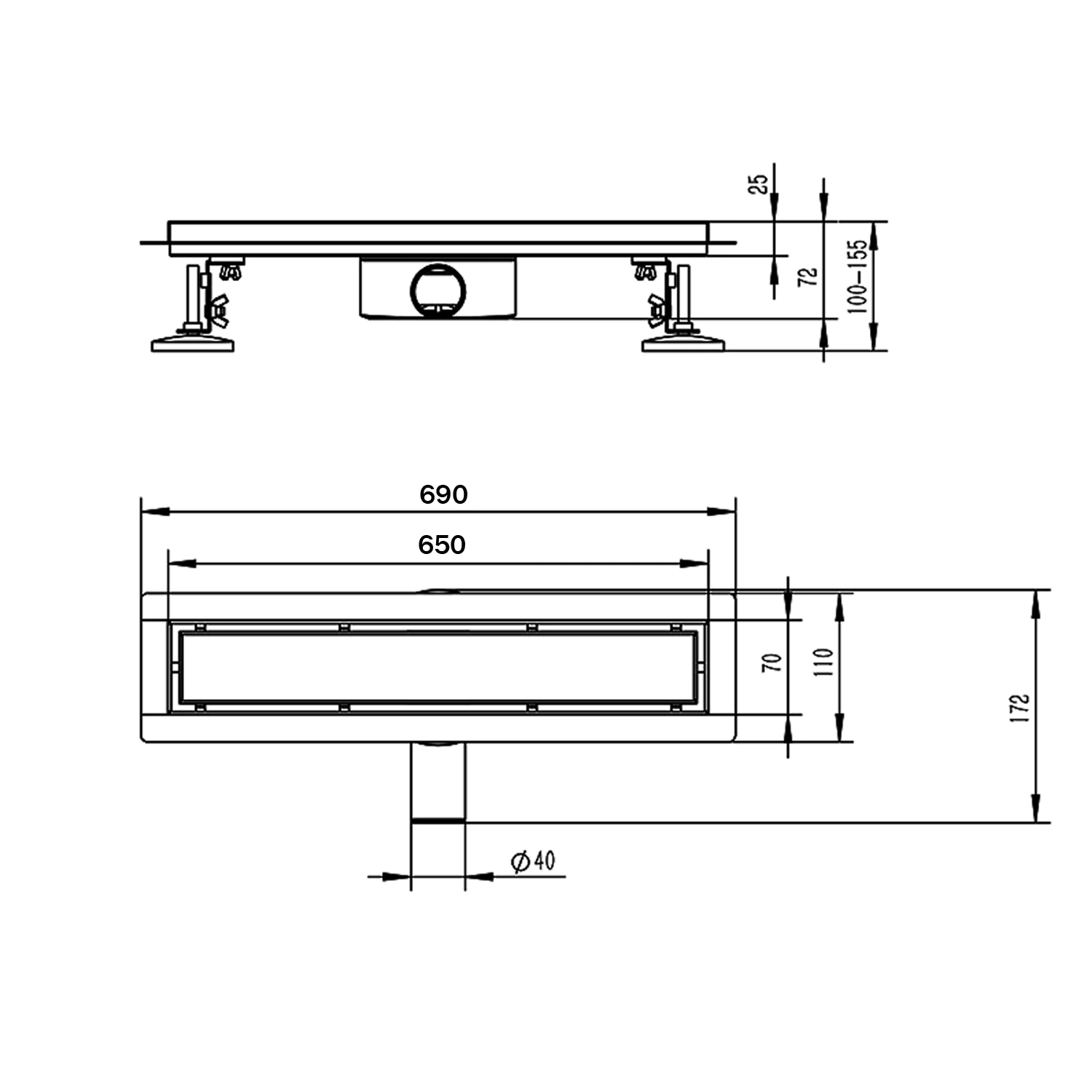 Душевой лоток AZARIO 650 мм, D40(50), металлическая перфорированная решетка, металлический желоб, комбинированный затвор (AZT2PT20650) — фото №5