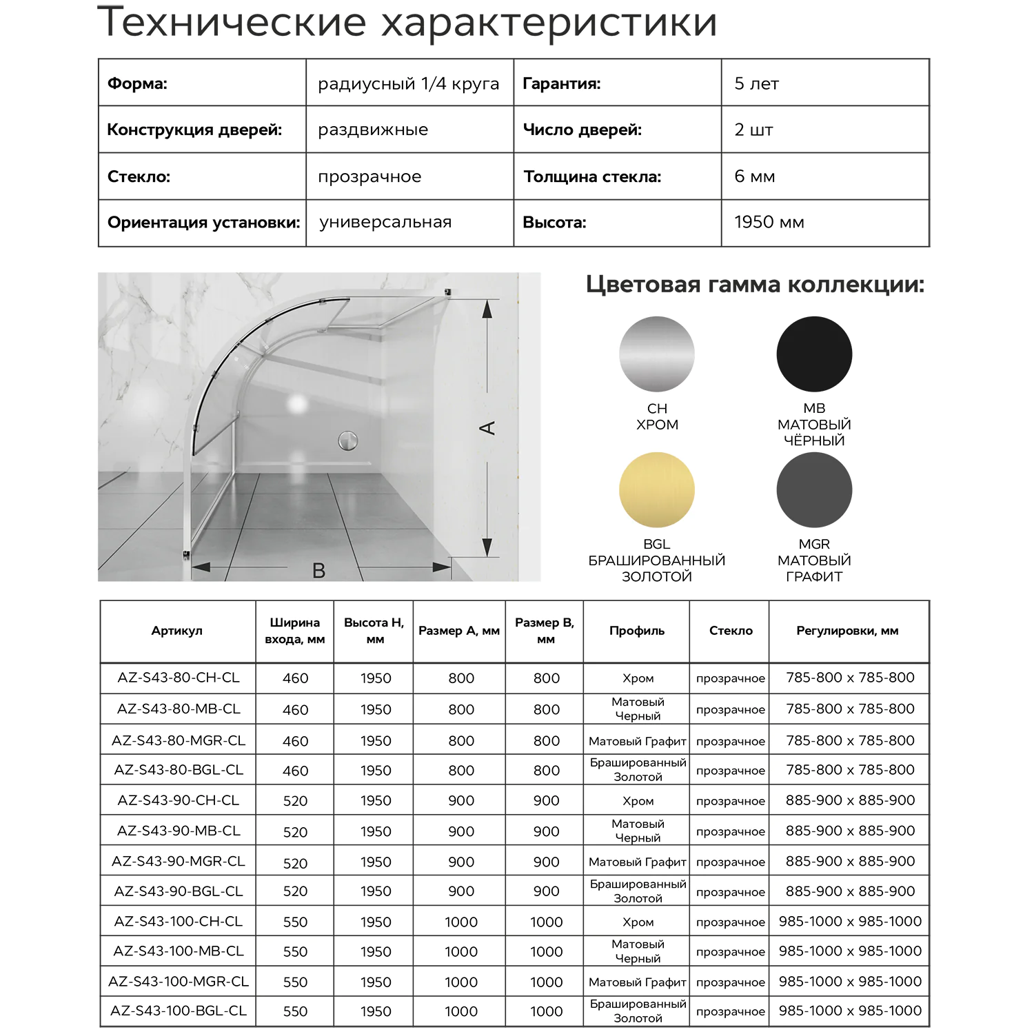Душевое ограждение Azario SHANGHAI 1000х1000х1950 четверть круга, прозрачное стекло 6 мм, профиль черный матовый (AZ-S43-100-MB-CL) — фото №8