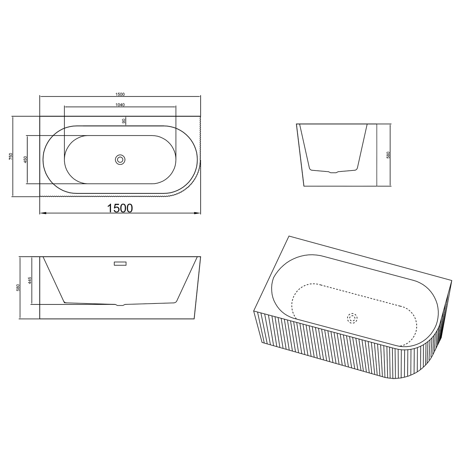 Ванна акриловая Azario LAGO GARDA 1500х750х580 пристенная, рифленая, левосторонняя, в комплекте с сифоном и металлической рамой (AZ-6724-A2 L 15075) — фото №6
