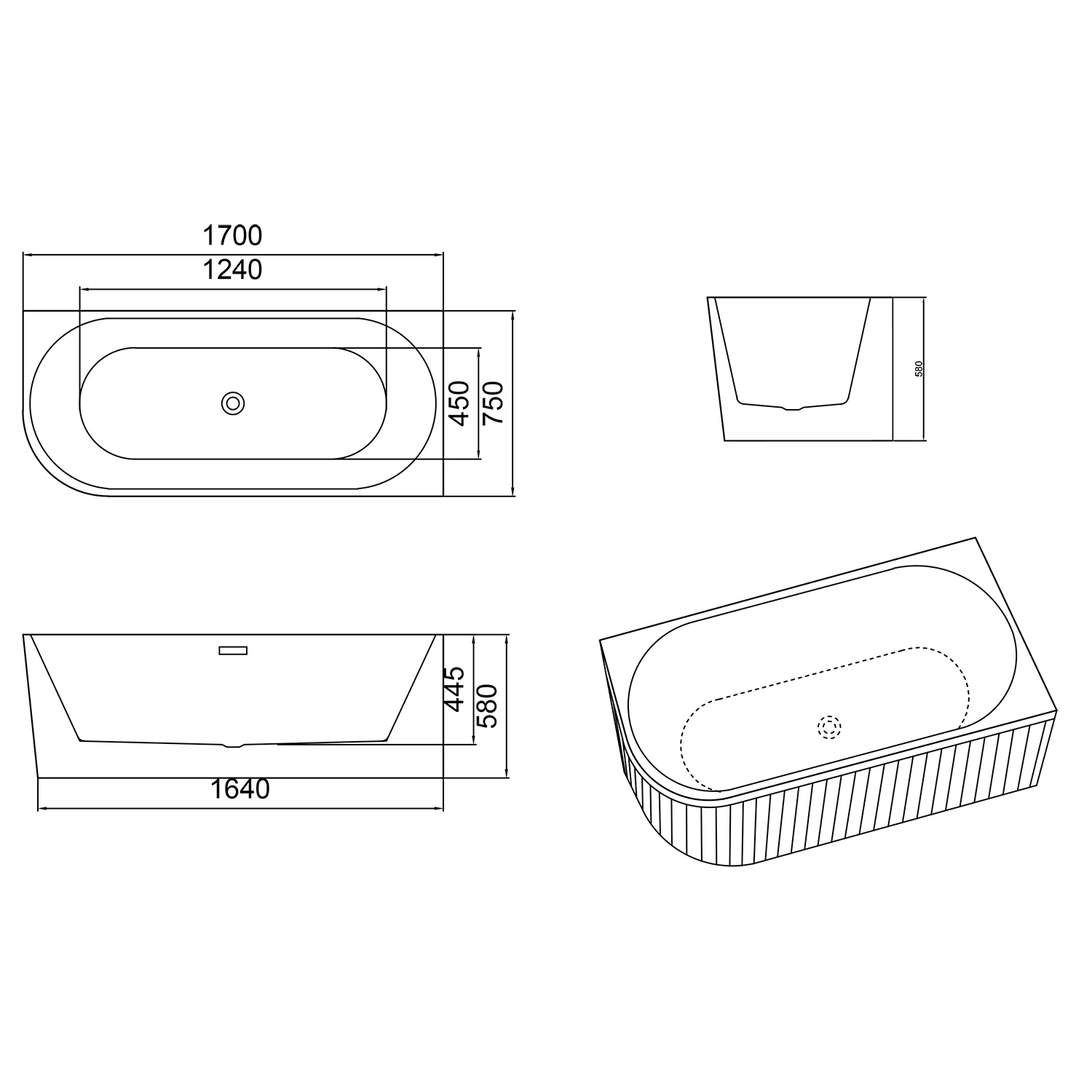 Ванна акриловая Azario LAGO GARDA 1700х750х580 пристенная, рифленая, правосторонняя, в комплекте с сифоном и металлической рамой (AZ-6724-A2 R 17075) — фото №6