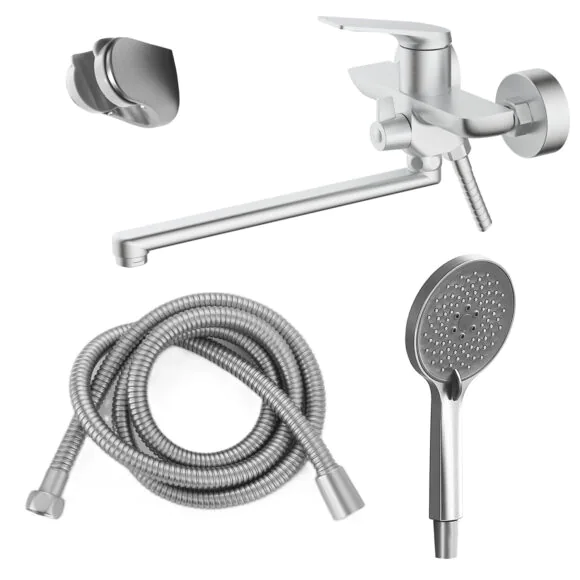 Смеситель для ванны Azario Lursy керамический картридж, длинный излив, с ручным душем, шланг 150 см, сатин (AZ-K1749BN)