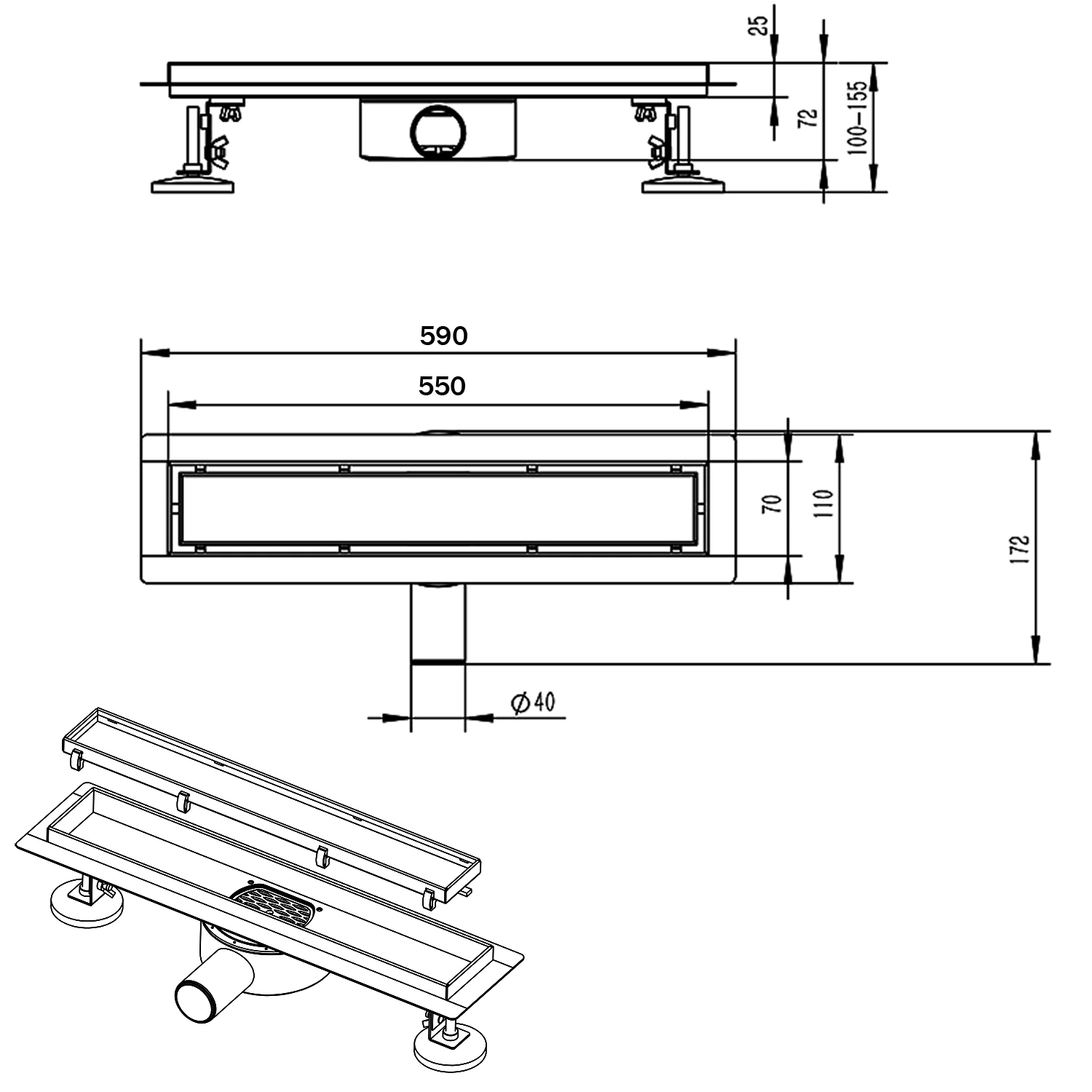 Душевой лоток AZARIO 550 мм, D40(50), решетка из нержавеющей стали «под плитку», металлический желоб, поворот 360°, комбинированный затвор (AZT3TILE550) — фото №5