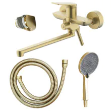 Смеситель для ванны Azario Lursy керамический картридж, длинный излив, с ручным душем, шланг 150 см, золото матовое (AZ-K1749MG)
