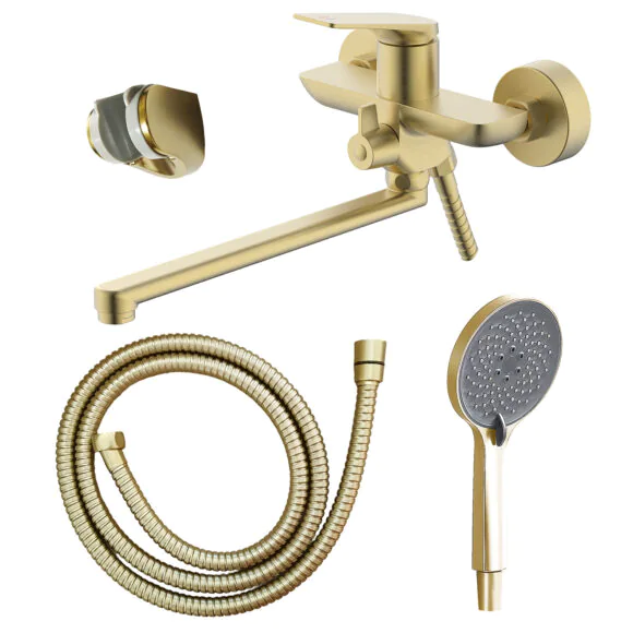 Смеситель для ванны Azario Lursy керамический картридж, длинный излив, с ручным душем, шланг 150 см, золото матовое (AZ-K1749MG)