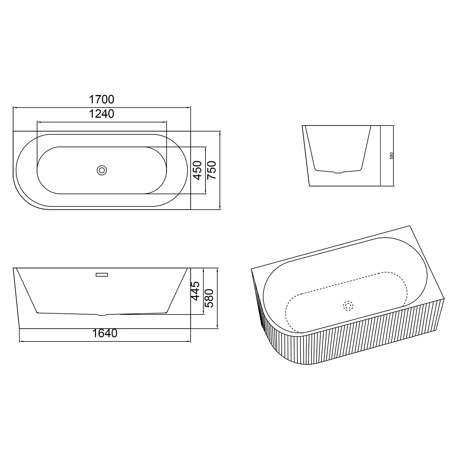 Ванна акриловая Azario LAGO BLANCO BLACK 1700х750х580 пристенная, правосторонняя, в комплекте с сифоном и металлической рамой, белый глянец/черный матовый (AZ-6724-1CRB 17075) — фото №16