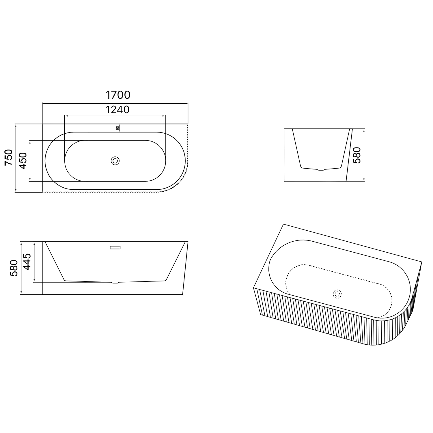 Ванна акриловая Azario LAGO GARDA 1700х750х580 пристенная, рифленая, левосторонняя, в комплекте с сифоном и металлической рамой (AZ-6724-A2 L 17075) — фото №6