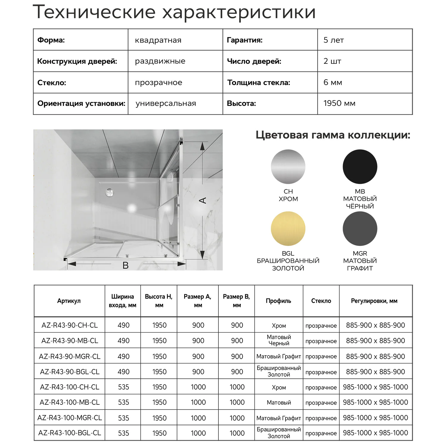 Душевое ограждение Azario SHANGHAI 1000х1000х1950 прозрачное стекло 6 мм, профиль черный матовый (AZ-R43-100-MB-CL) — фото №8
