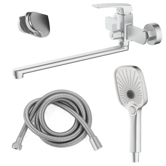 Смеситель для ванны Azario Conda керамический картридж, длинный излив, с ручным душем, шланг 150 см, сатин (AZ-K1711B)