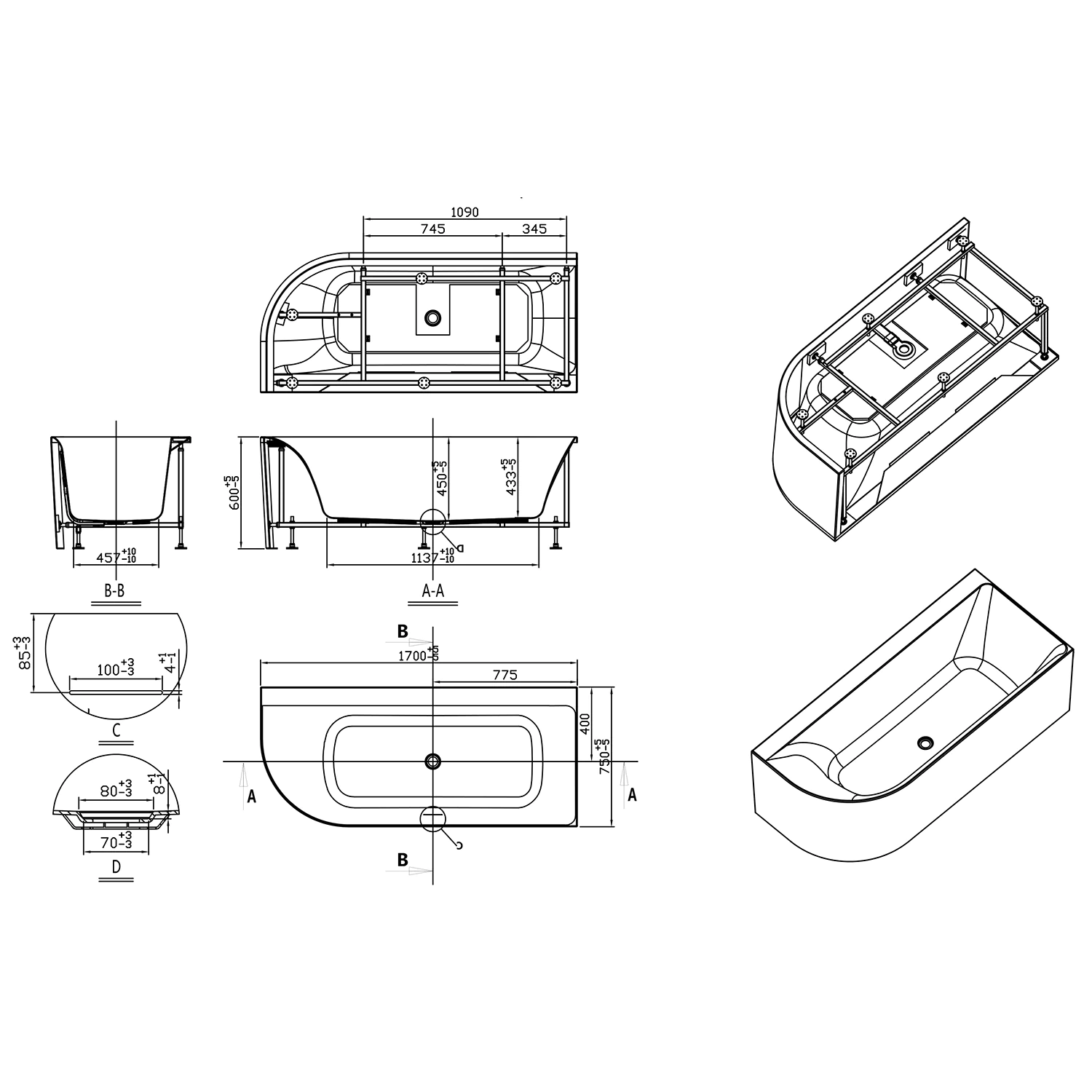 Ванна акриловая Azario Mist B 1700x750x600 пристенная, правосторонняя, в комплекте с сифоном и металлической рамой (AZ-8649-B-1.7) — фото №6