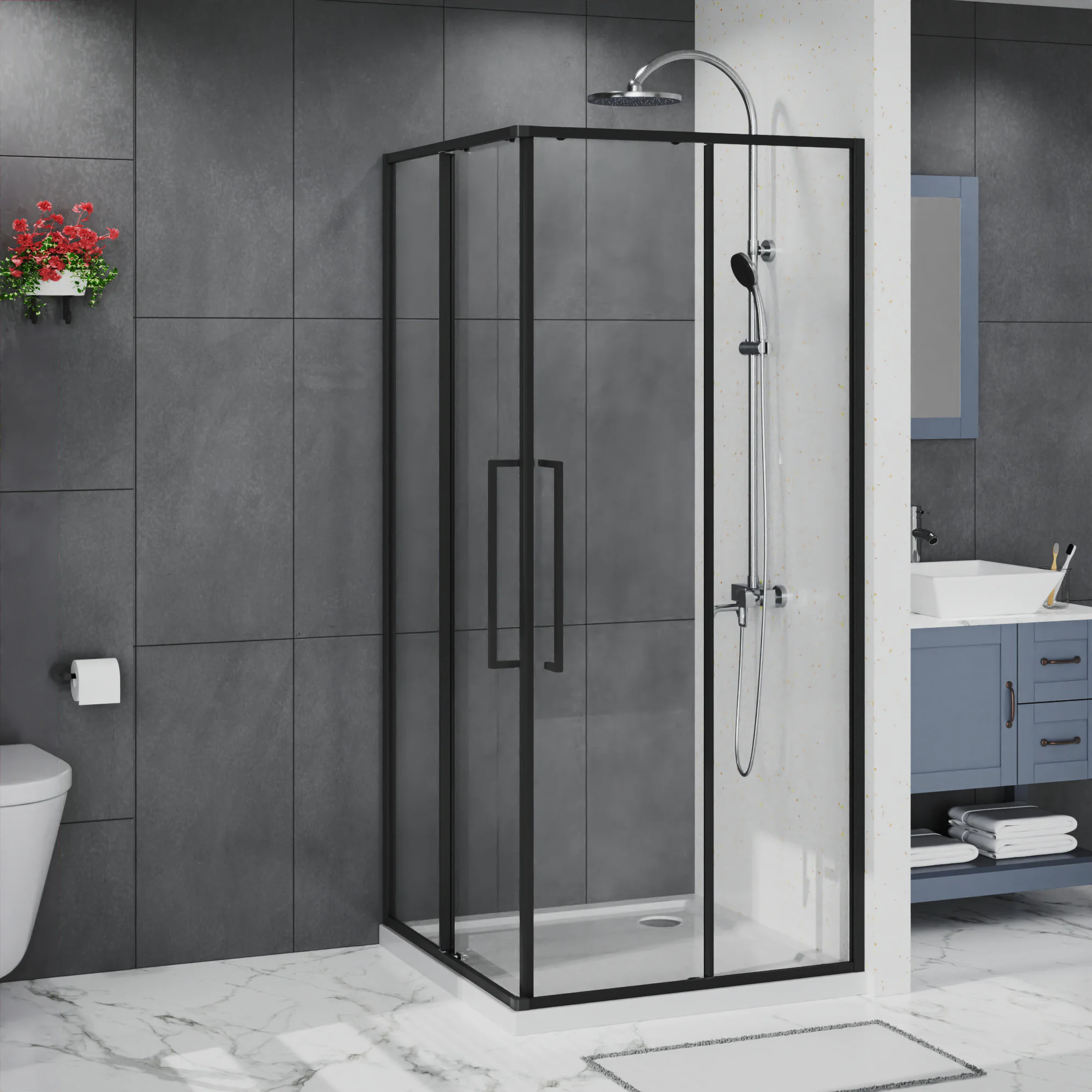 Душевое ограждение Azario SHANGHAI 1000х1000х1950 прозрачное стекло 6 мм, профиль черный матовый (AZ-R43-100-MB-CL) — фото №2